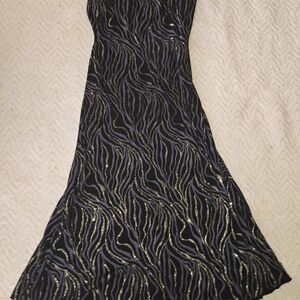 Black Maxi Evening Dress with Gold and Grey Wave Sequin Accents